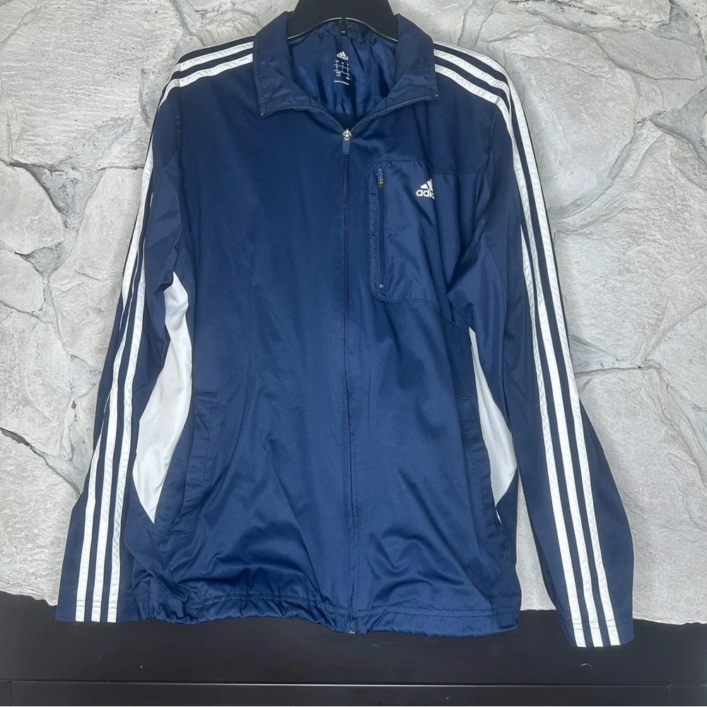 adidas | Men’s 3 Stripe Navy & White Windbreaker With Hidden Hood, Size L
